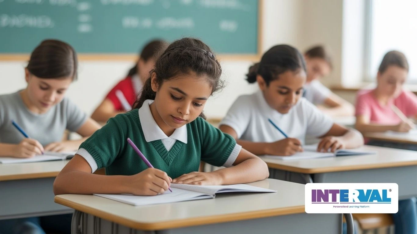 A classroom of female students intently taking a test or writing notes, relevant for searching kerala christmas exam tips 2025.