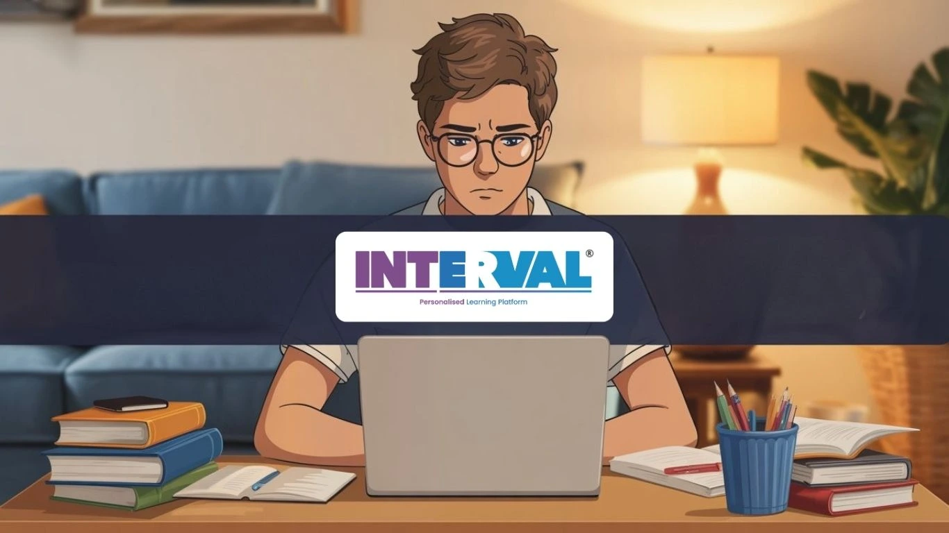 A student on an online crash course stares at a laptop, surrounded by books, with the INTERVAL logo overlay.