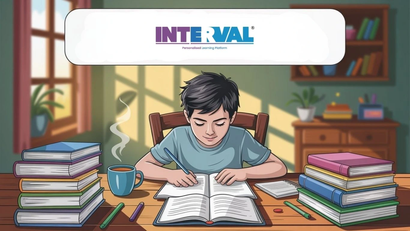 Biomolecules Class 11 revision notes student studying at desk with textbooks, open notebook, and Interval learning logo in a bright study room.