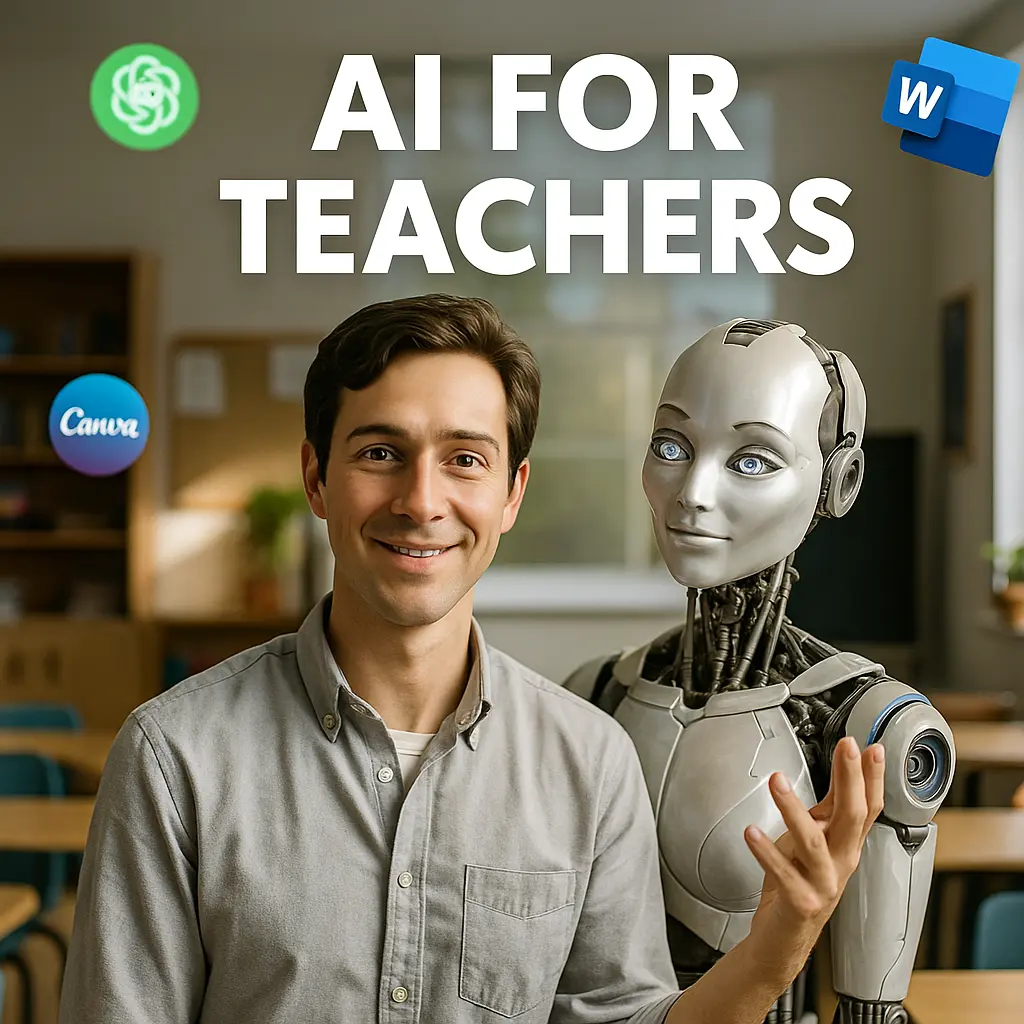 Smiling male teacher standing next to a humanoid robot in a classroom, with AI tool logos including ChatGPT, Microsoft Word, and Canva, and the title 'AI FOR TEACHERS' displayed above.