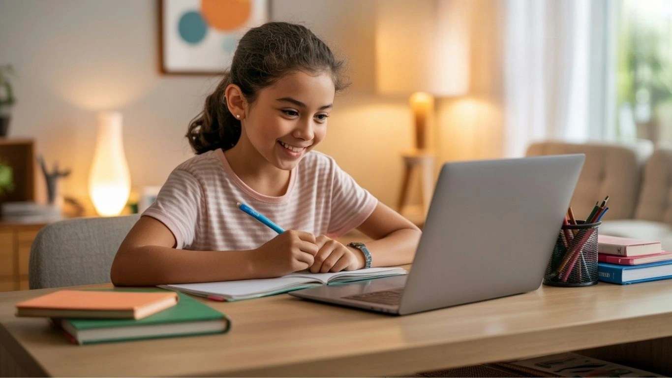 Girl attending an online class from home, smiling while writing notes, representing online tuition for Class 8 students.
