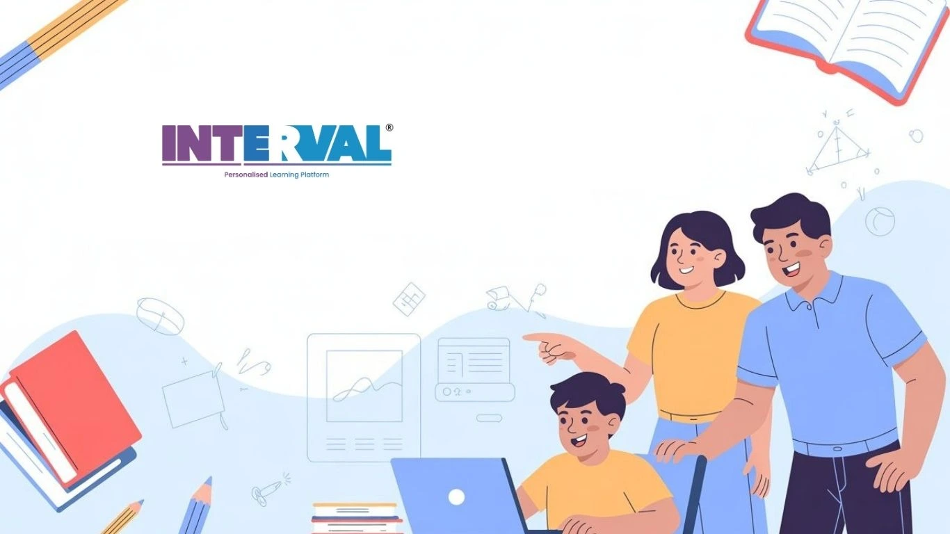 INTERVAL Personalised Learning Platform logo above a family (parents and a student) using a laptop. This suggests a foundation course for school students.