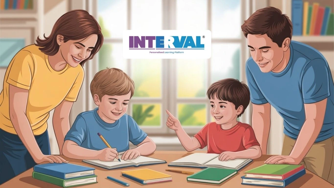 INTERVAL Personalised Learning Platform logo above a family (parents and two young boys) studying together, showing support. Represents advice on how to make child confident in studies.