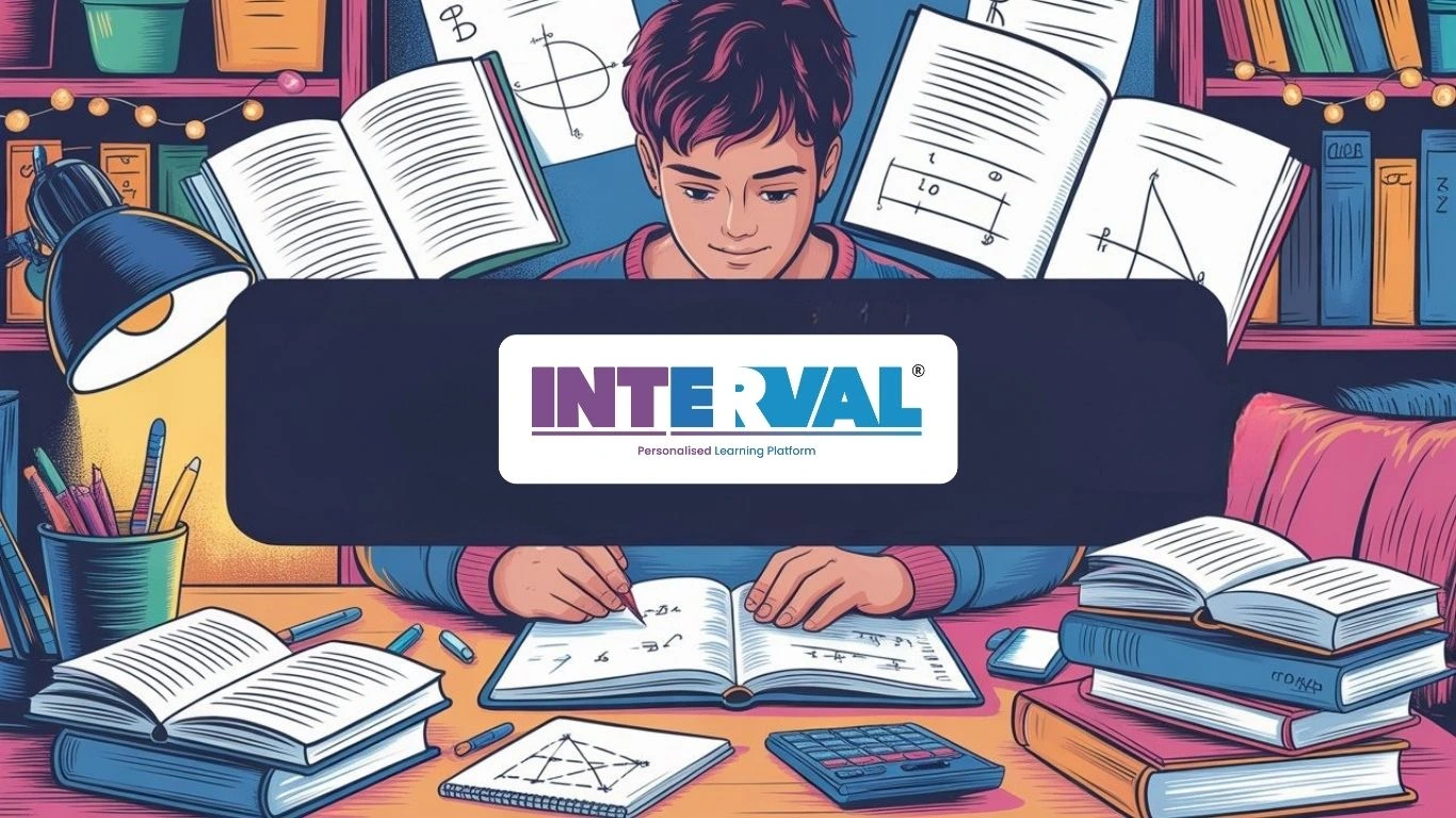 INTERVAL Personalised Learning Platform logo over a student studying math (diagrams, calculator, open books) at a desk. Possible SSLC second term math question paper practice.