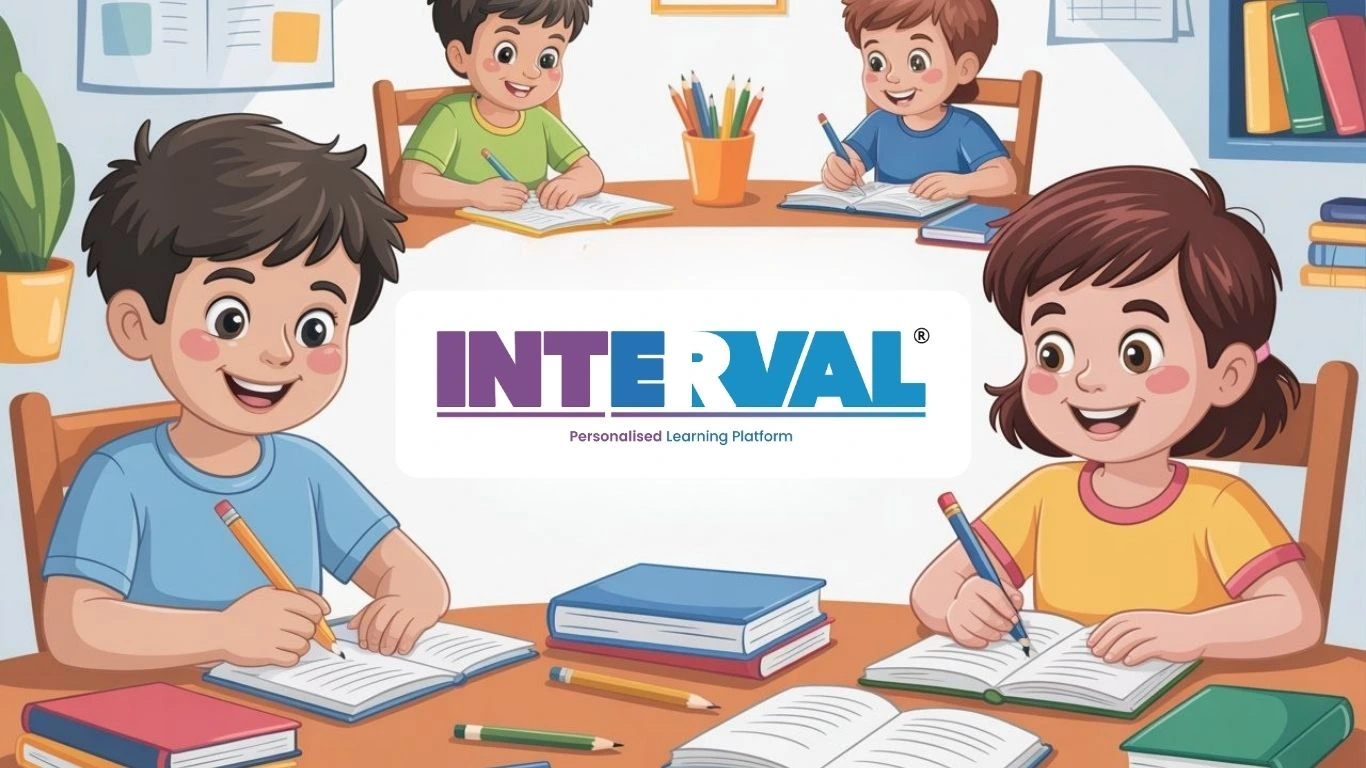 INTERVAL Personalised Learning Platform logo over an image of four smiling students studying together at a table. Could be for LSS exam date 2026 Kerala preparation.