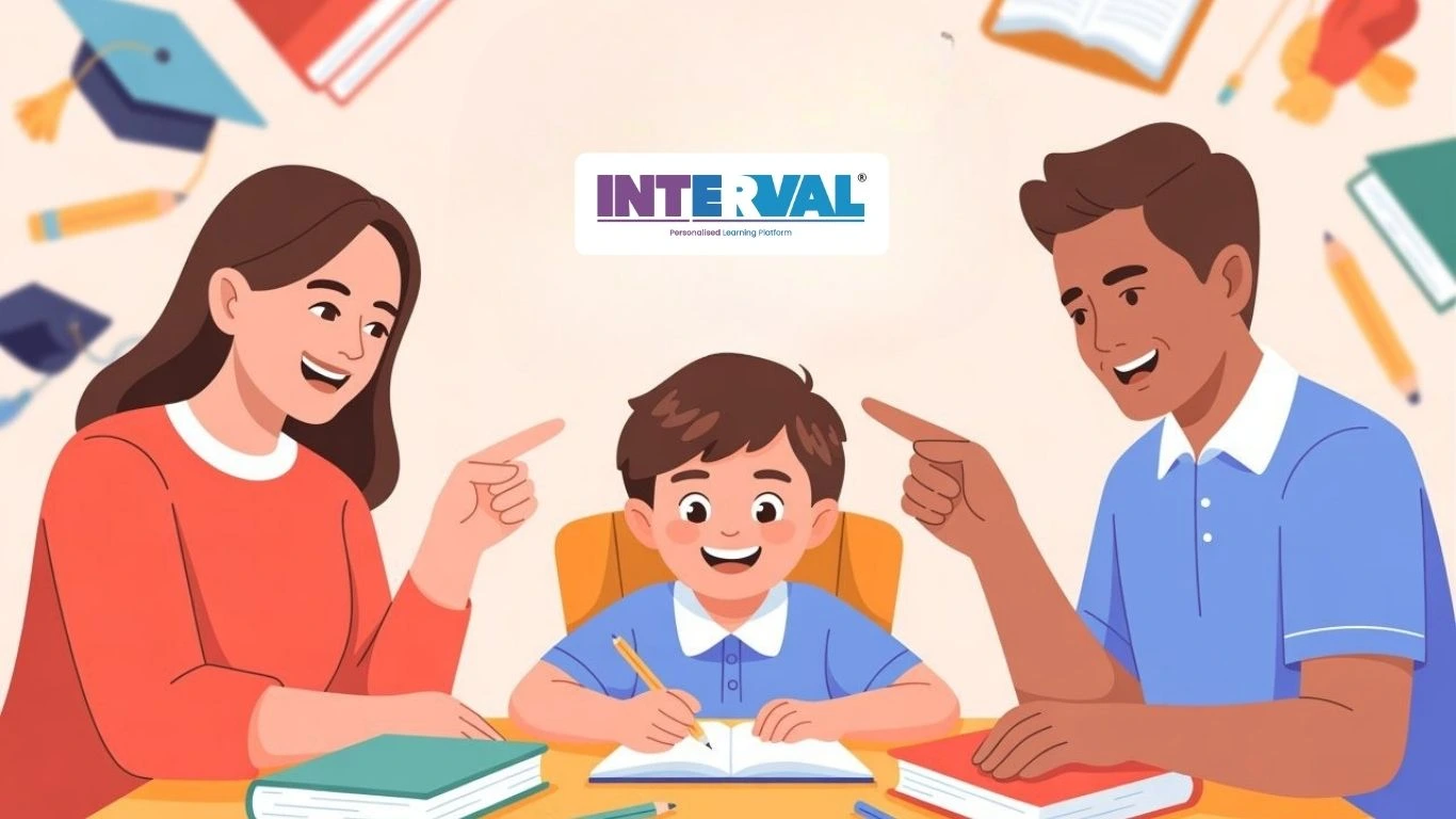 INTERVAL Personalised Learning Platform logo, a child studying with parents pointing and helping, surrounded by school-related items. Possible answer for what is LSS scholarship.