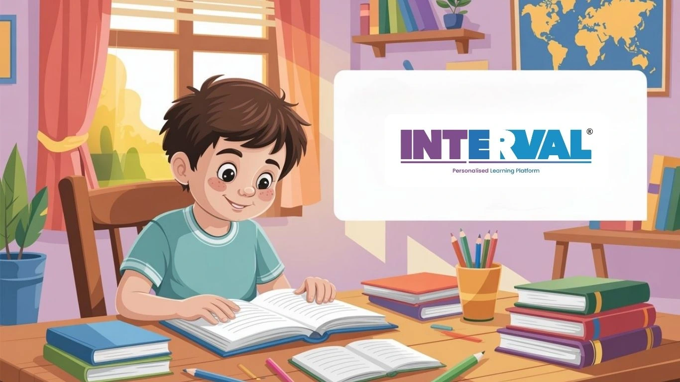 INTERVAL Personalised Learning Platform logo, a smiling child studying at a desk with books. Relevant for an article about LSS scholarship eligibility.