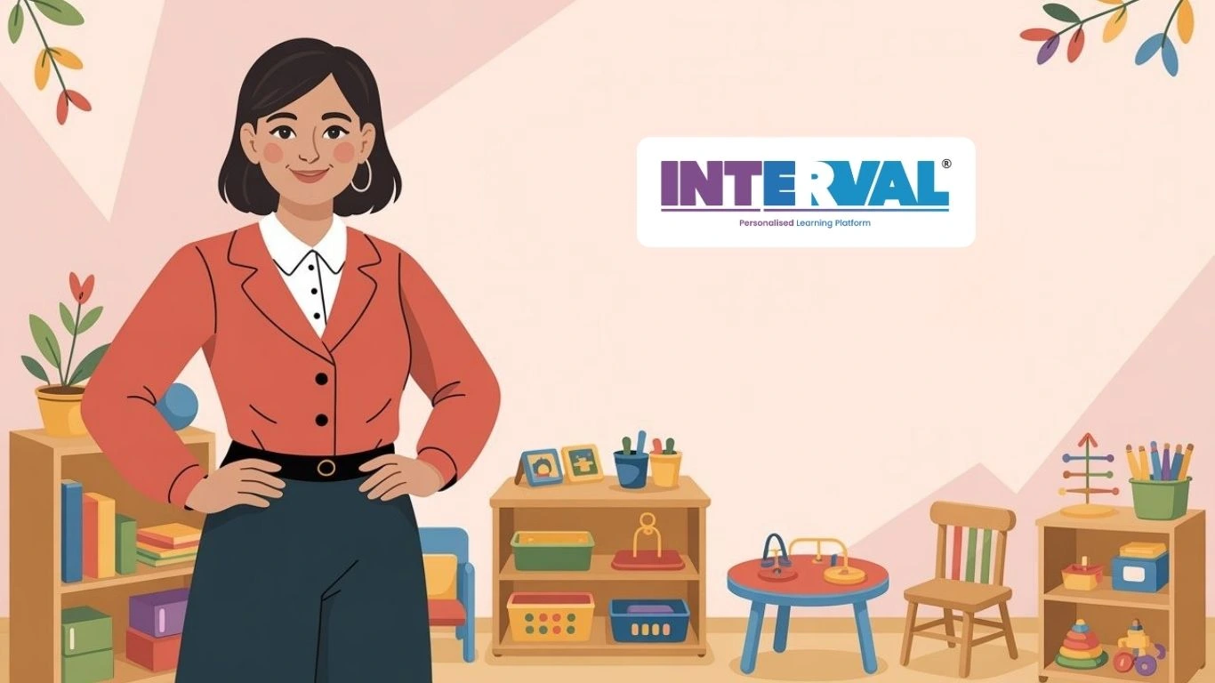 Illustration of a confident educator in a colorful, well-organized classroom, relevant to How to Start a Montessori School.