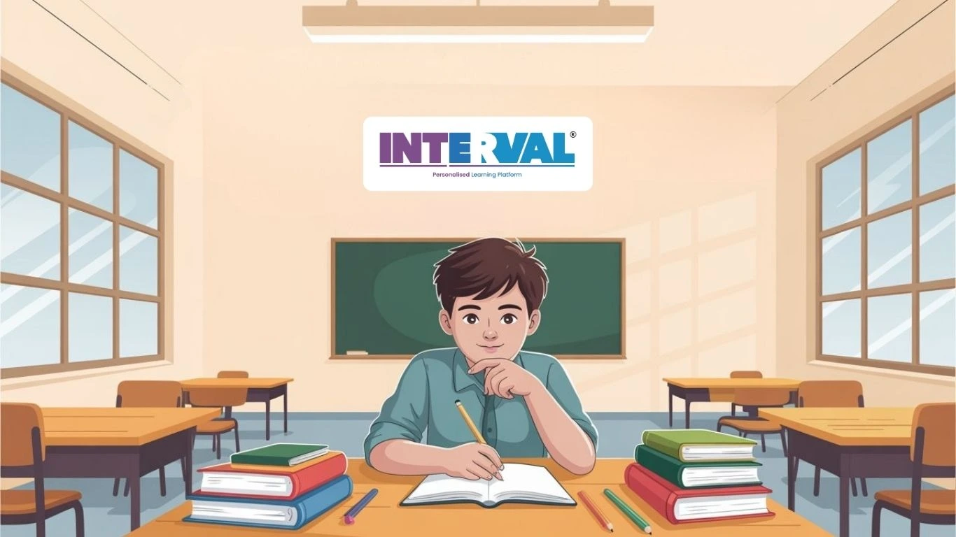 Illustration of a male student sitting in a classroom and studying for the Christmas exams. The image relates to the Christmas exam timetable for classes 1 to 12 and features the Interval personalized