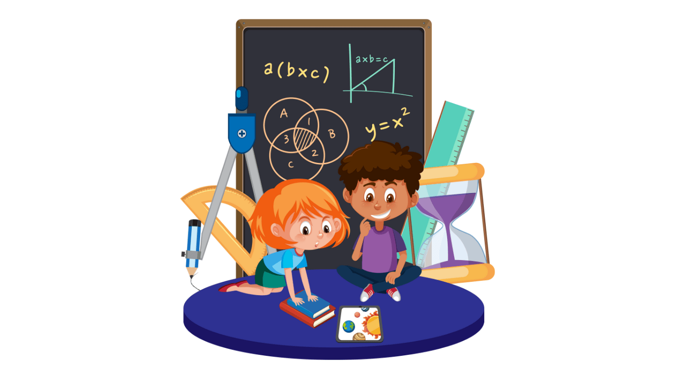 Two kids studying maths with a blackboard, tablet, and geometry tools. symolizing maths exam preparation