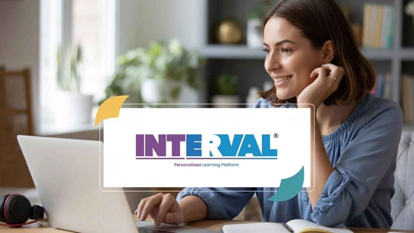 Smiling woman using a laptop, with the INTERVAL Personalised Learning Platform logo overlaid. Suggests an online spoken english trainer course.