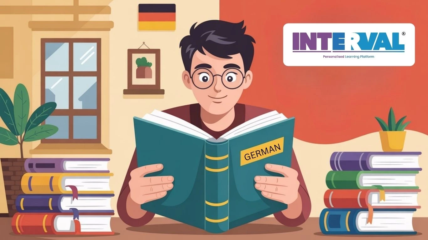 Student reading German book at home, How to Learn German effectively for beginners using books and visual study tools.