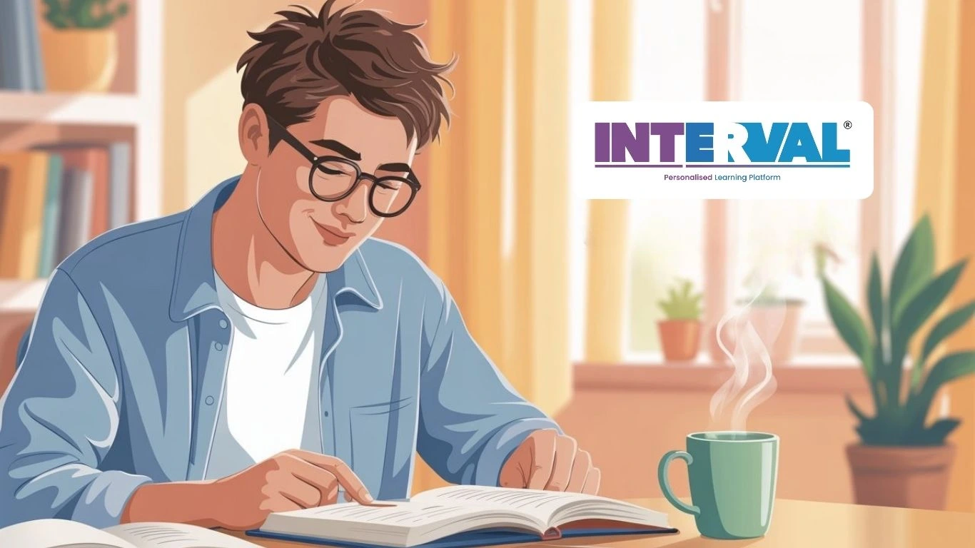 Student studying German grammar basics with books and coffee, promoting online learning at Interval Learning.