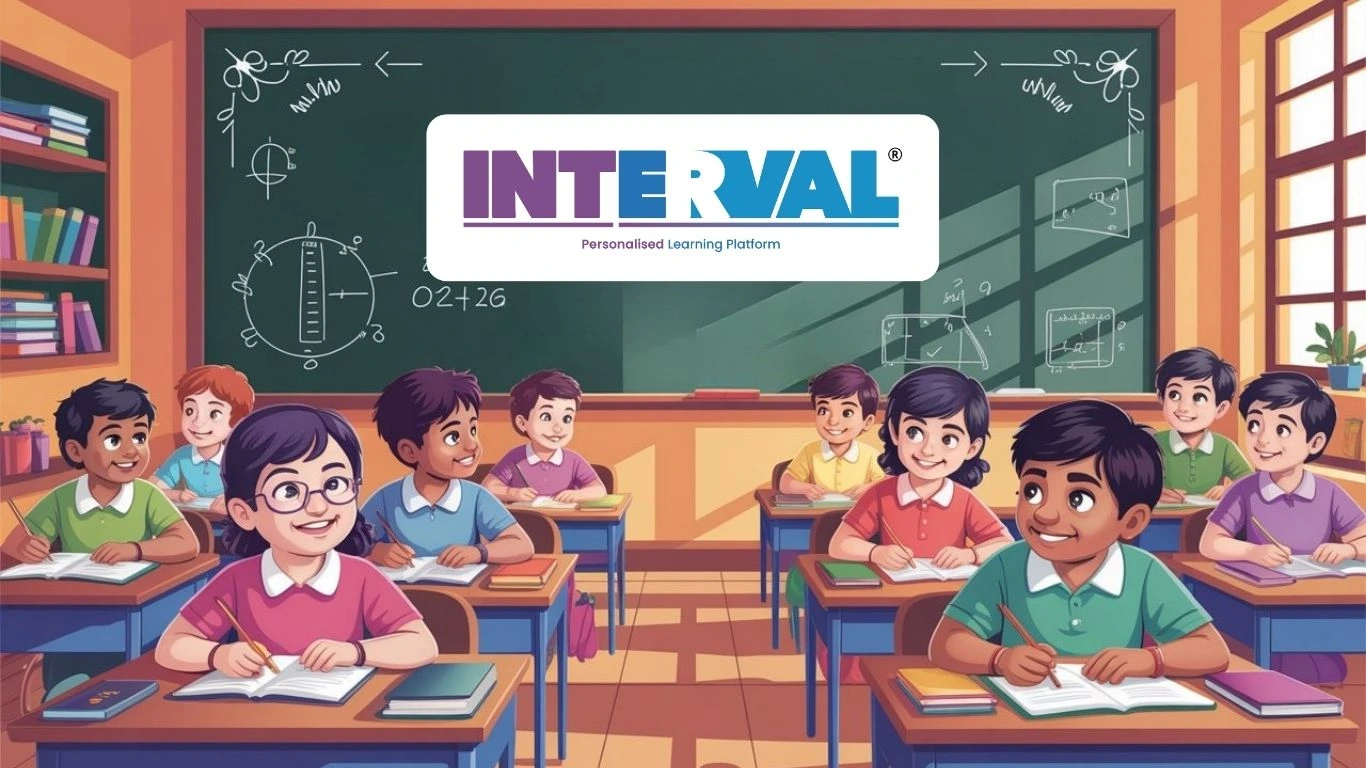 Students in a classroom preparing for Tamil Nadu Quarterly Exam 2025-26, with blackboard illustrations and Interval Learning personalized education platform logo.