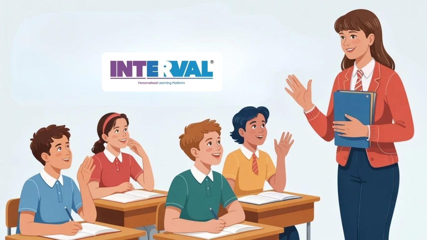 Teacher guiding students during CBSE Class 10 English Board Exam preparation, discussing question papers and study plans at Interval Learning classroom.