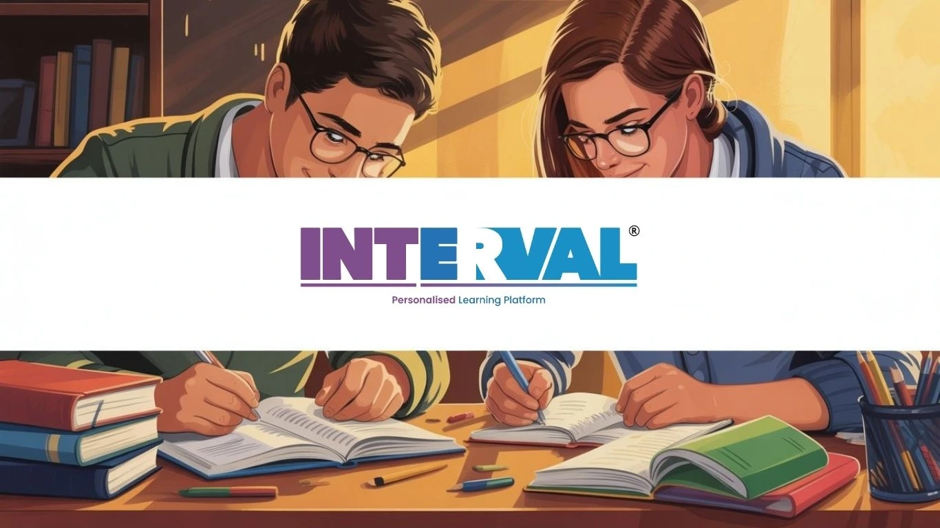 Two students intently studying with books and notebooks, with the INTERVAL logo, relevant to class 11 previous year question paper.