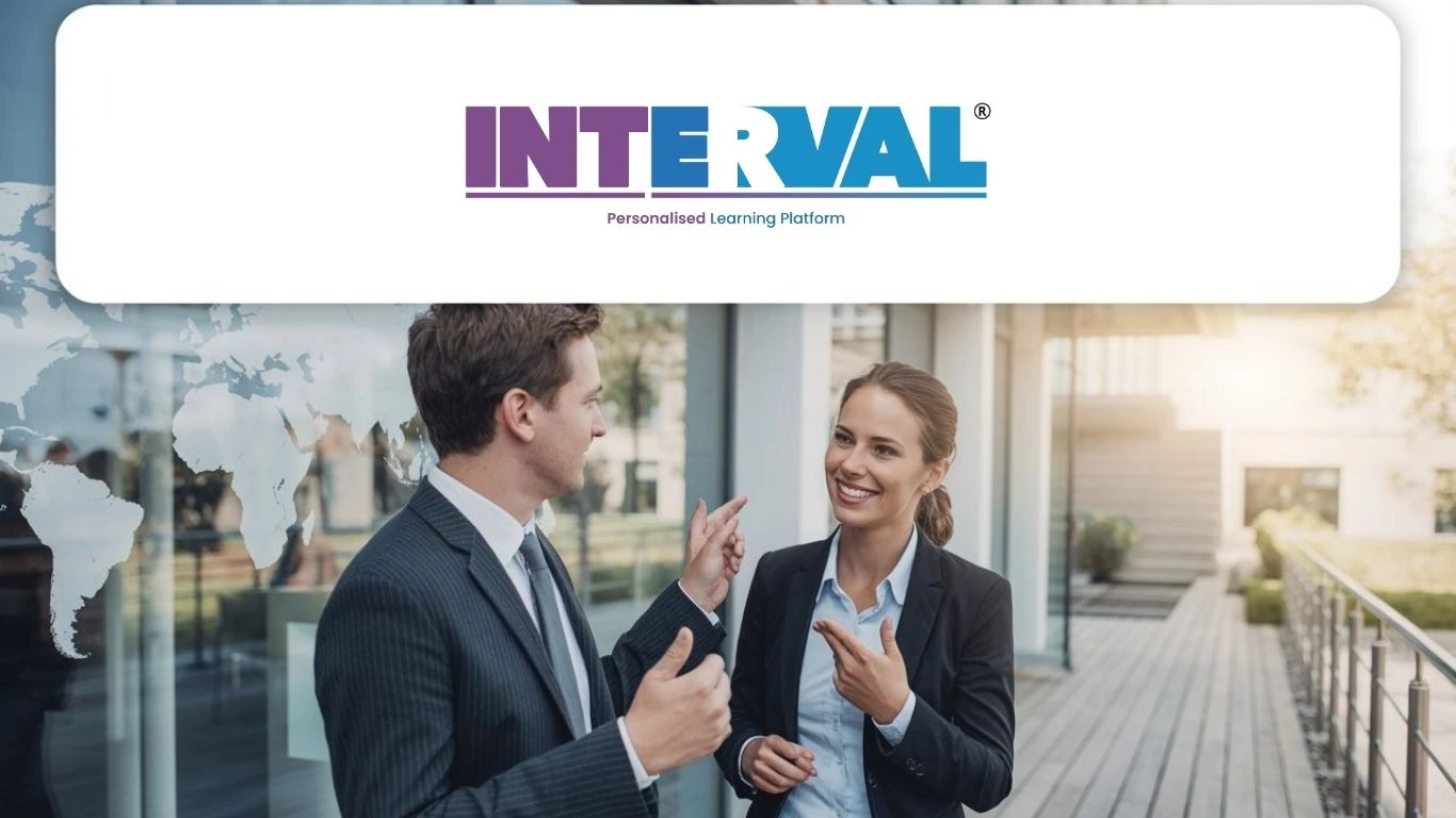 Two professionals discussing language learning with Interval Learning platform, highlighting the topic of how many countries speak German and its global importance in business, education, and culture.