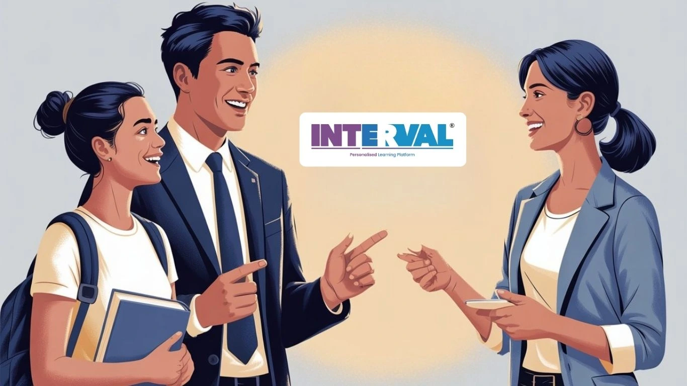  Three smiling professionals are conversing, with the "INTERVAL" logo, suggesting skills like english fluency kerala jobs require.