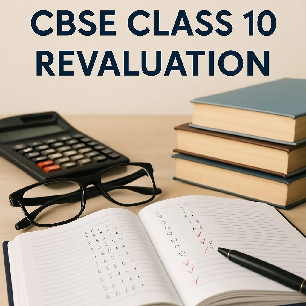 Open notebook with marked answers, pen, eyeglasses, calculator, and stacked books on a desk, with the title “CBSE Class 10 Revaluation” above.
