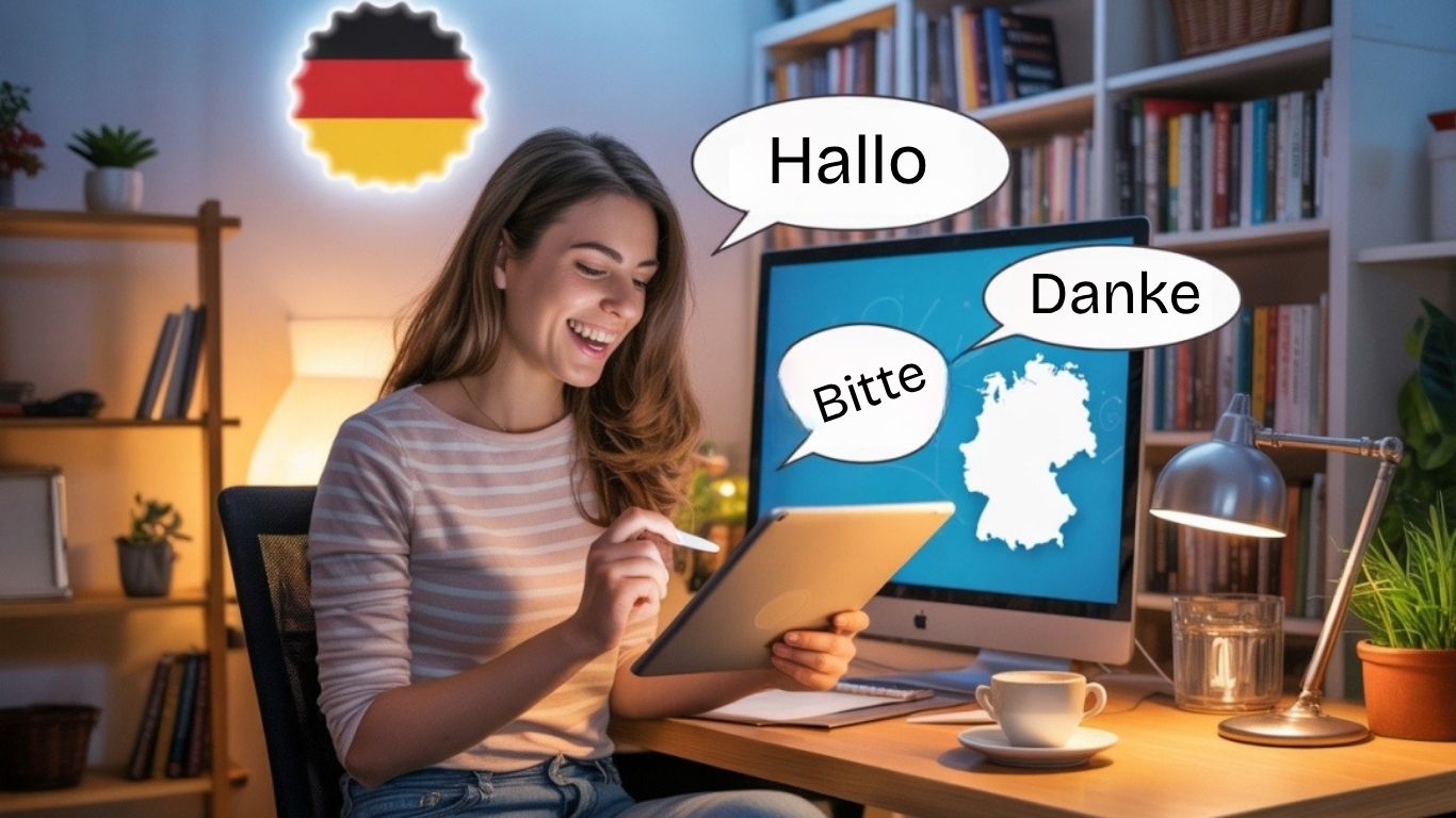 Woman using a tablet to learn German in 30 days with visual tips, speech bubbles, and a German map on screen.