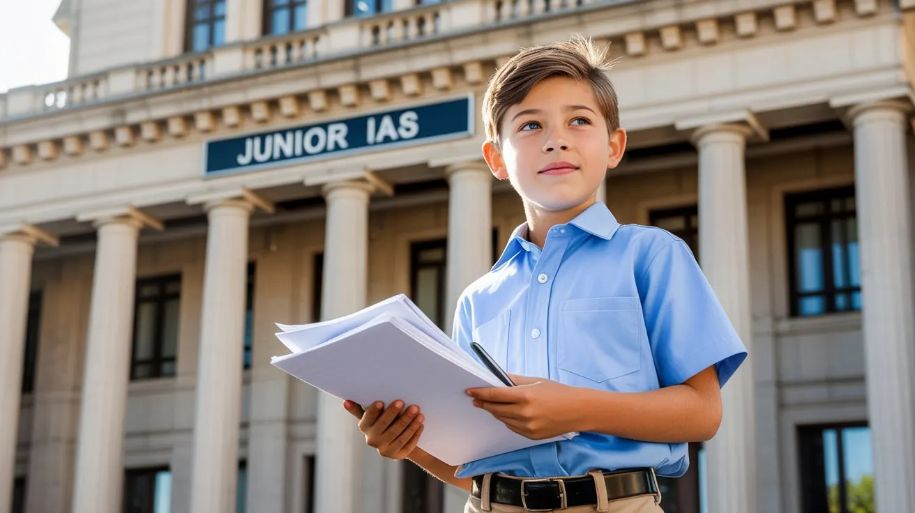 A confident young boy in a blue shirt holding a stack of papers and a pen, standing in front of a building with tall columns and a sign that reads "JUNIOR IAS."