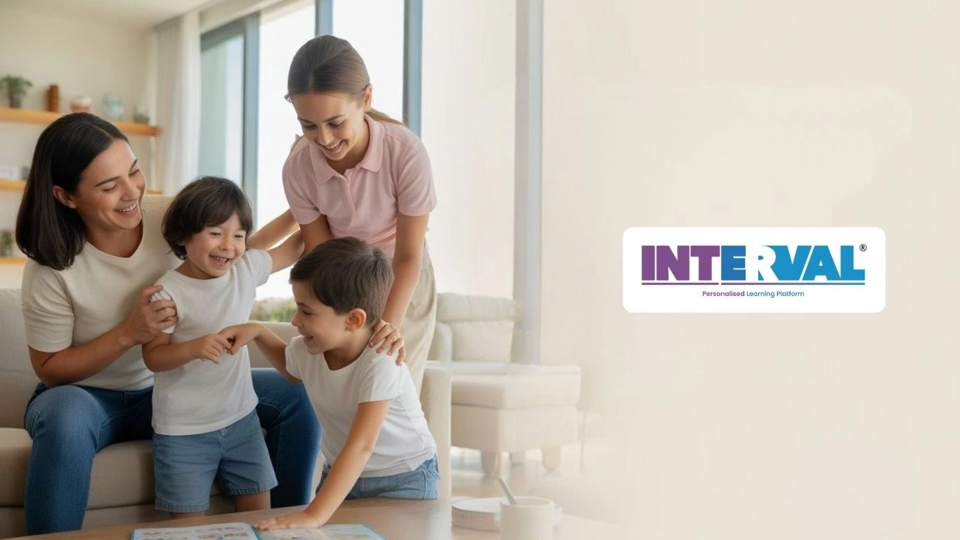 Happy family with two kids and teacher at home learning activity — how to apply KG admission Dubai guide for parents on Interval platform.