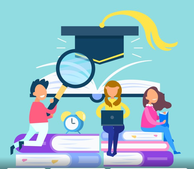 Students with books, a laptop, and a magnifying glass around a graduation cap, symbolizing education and academic exploration.