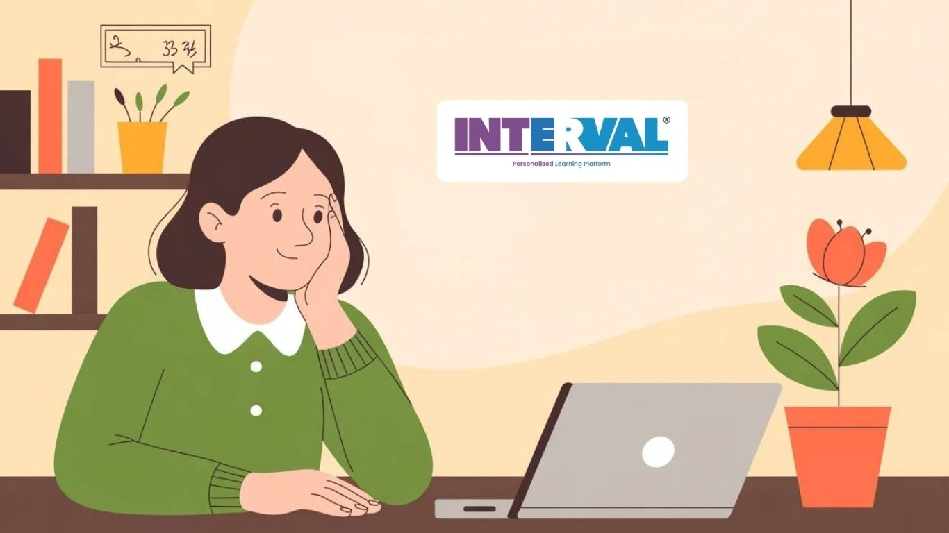 An illustration of a woman taking an online Montessori course for married women in Tamil Nadu from Interval, a personalised learning platform. She is sitting at her desk with a laptop, looking thoughtful and content in a com