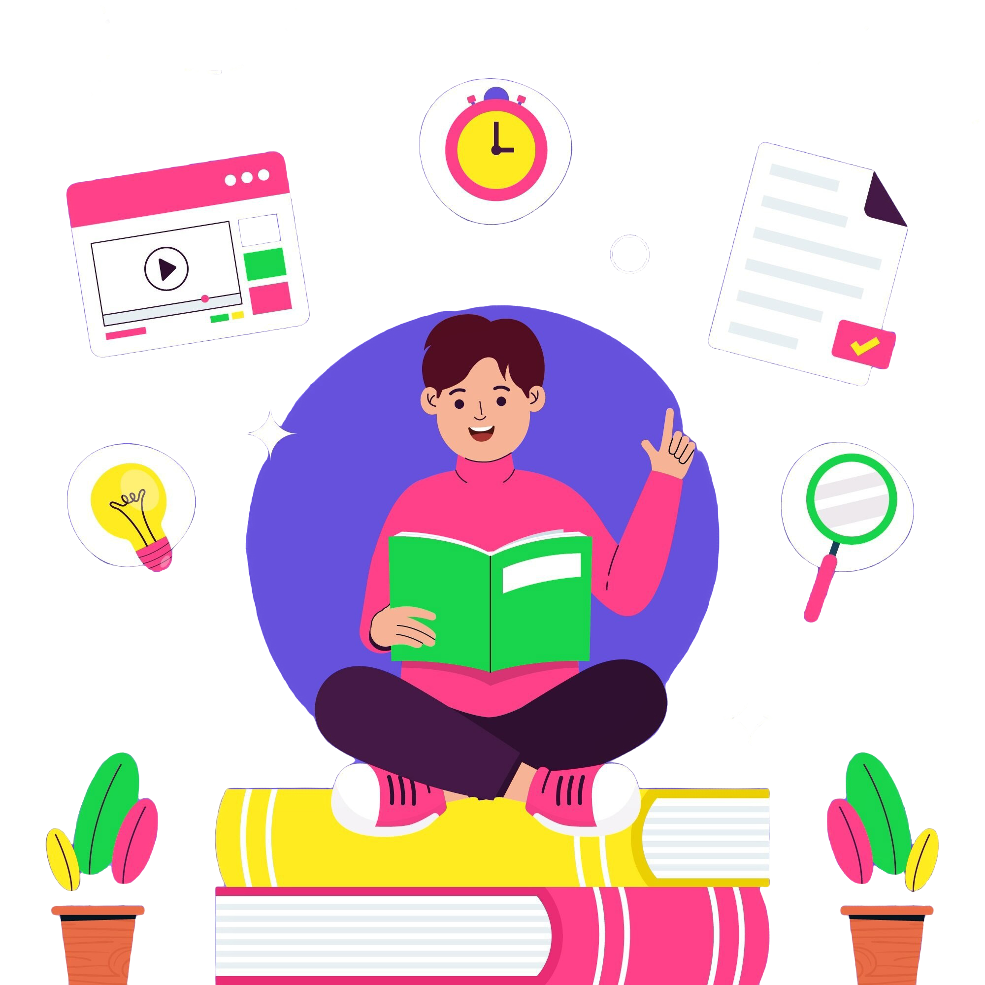 Student sitting on books, surrounded by icons symbolizing learning tools like a book, clock, light bulb, and checklist